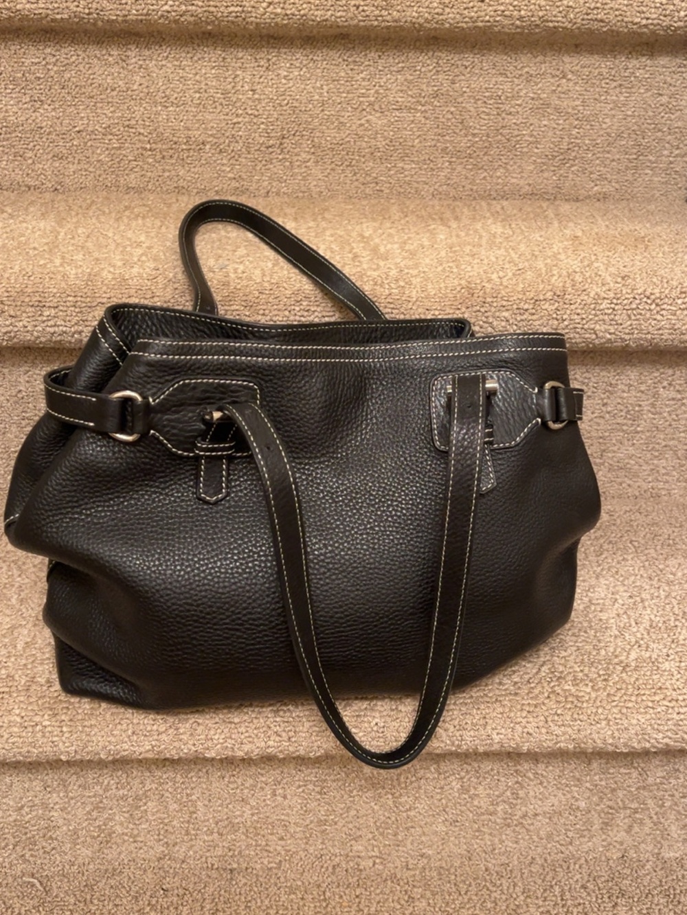 Prada Black Pebbled Leather Tote with Contrast Stitching